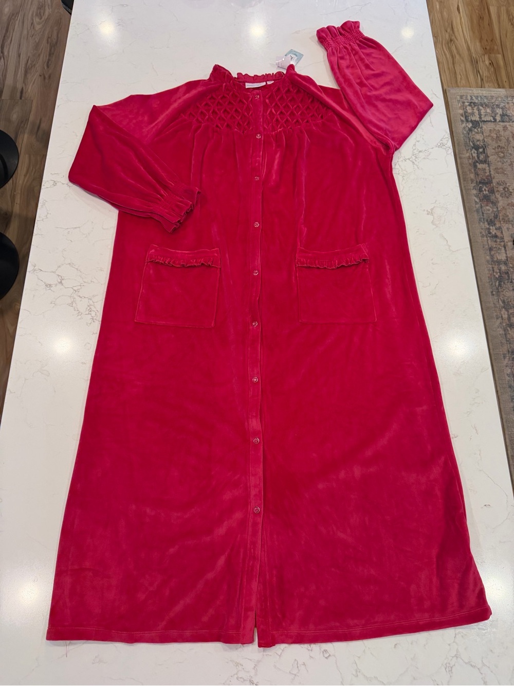 Women's Fuchsia Velvet Button-Front Robe with Smocked Yoke